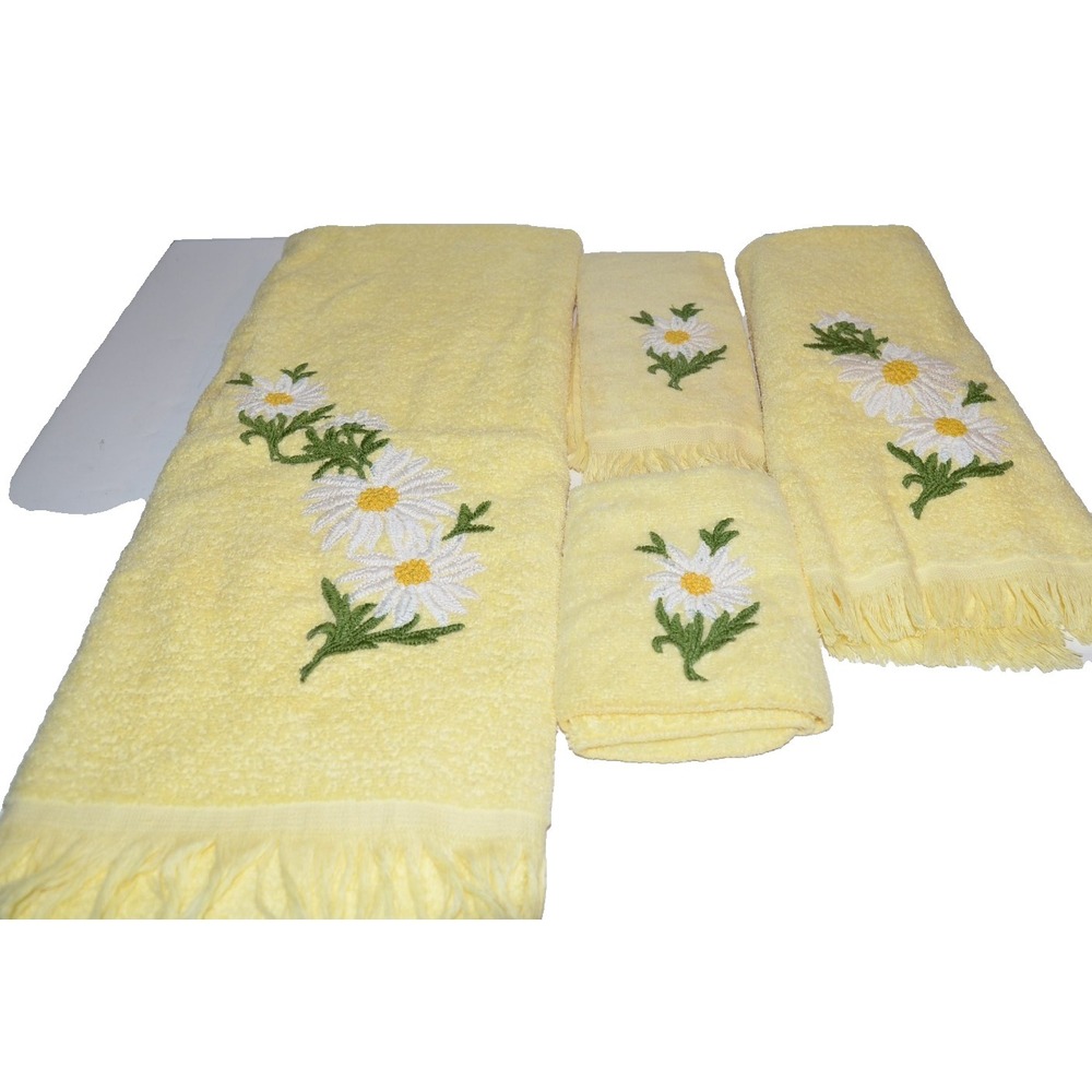 Vtg 70s Set Cannon Daisy Fringed Bath Hand Towels Wash cloth Yellow
